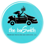 A woman holding a tray of drinks driving a car. Text: the barsmith premium traveling bar services, llc